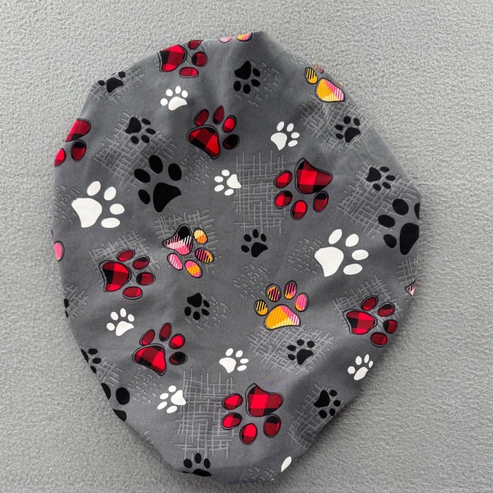 Zoe + Chloe Scrub Hat Women OS Grey Paw Print Adjustable Nurse Life Bouffant Cap